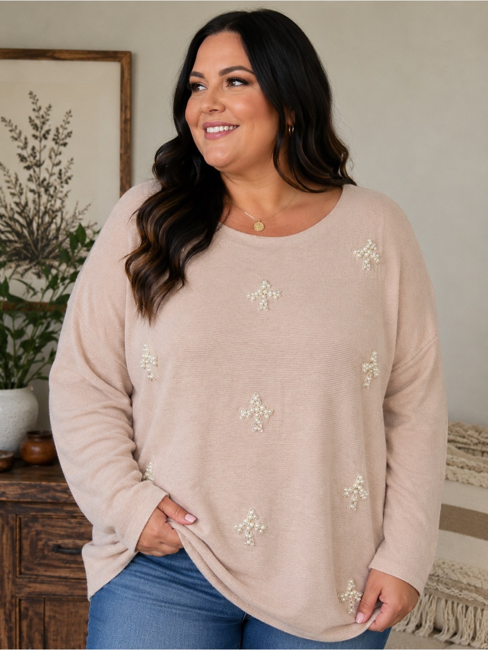 Milano Pearl Star Embellished Beige Scoop Neck Sweater